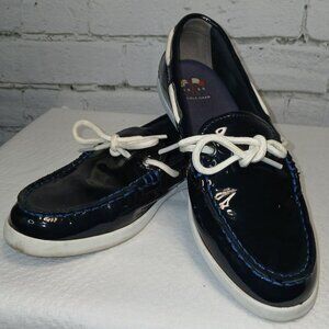 WOMENS COLE HAAN NANTUCKET CAMP PATENT LEATHER BOAT DECK SHOES, NAVY, SIZE 8.5